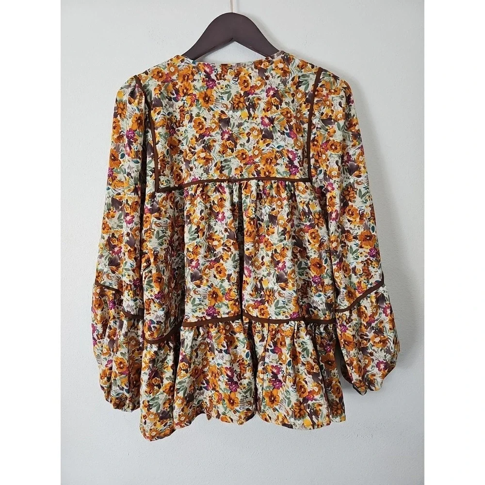 Lady Floral Blouse Long Sleeve Loose Boho Cottagecore Hippie Gypsy Swing Size XL - Picture 2 of 13